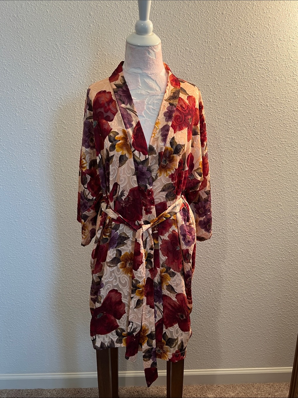 Floral Satin Kimono Robe - Red & Cream Belted Wrap